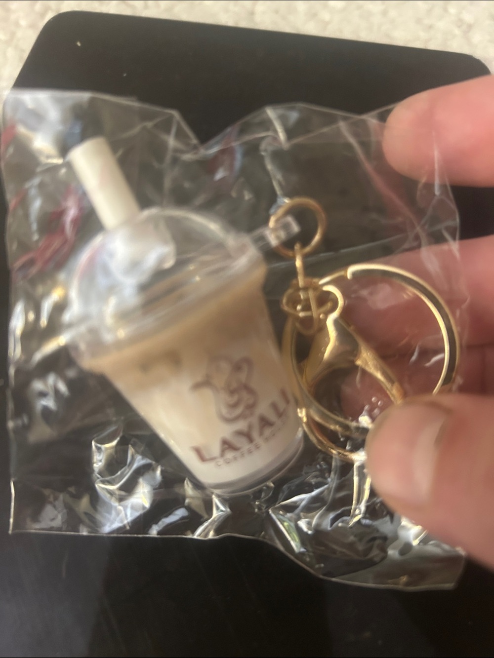 Branded Cream Coffee Cup Keychain with Gold Hardware